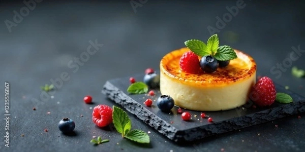 Fototapeta A delectable cr?me br?l?e, adorned with fresh raspberries and blueberries, rests on a rustic slate serving plate, complemented by scattered berries and aromatic mint leaves.