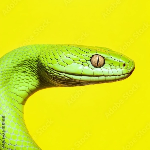 Fototapeta A close-up of a green snake on a yellow background with space for text.