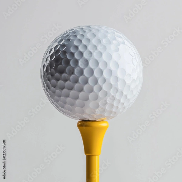 Fototapeta A golf ball sitting on a yellow tee against a plain light gray background close up