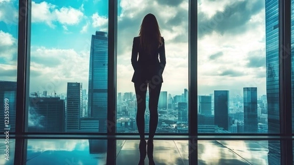 Fototapeta A woman is standing in front of a window looking out at the city