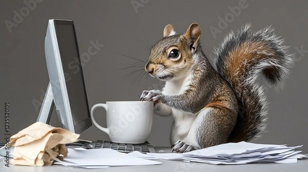 Obraz Squirrel Working on Computer with Coffee Mug in a Messy Office Environment