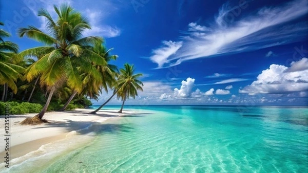 Fototapeta Turquoise Caribbean waters lap against white sandy beach, palm trees sway gently in ocean breeze, natural beauty