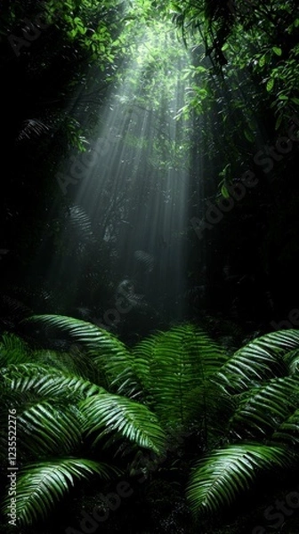 Fototapeta Lush Rainforest Sunbeams  Tropical Jungle  Ferns  Sunlight