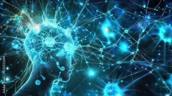 Fototapeta Abstract neural network connecting human brain, glowing blue, digital art.