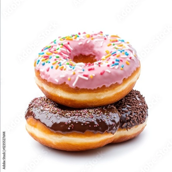 Fototapeta Delightful Assortment of Colorful Donuts with Sprinkles and Chocolate Glaze on a White Background