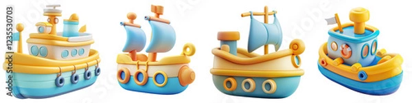 Obraz Set Icon ship cartoon 3d. PNG transparent background.