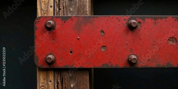 Fototapeta Rustic Red Metal Plate Fastened to Weathered Wood Beams with Aged Bolts