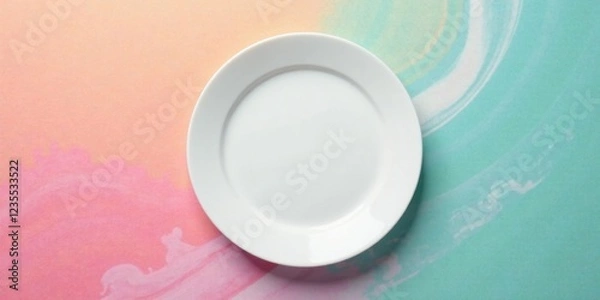 Obraz Empty white plate on a pastel abstract background, perfect for menu design or culinary promotion