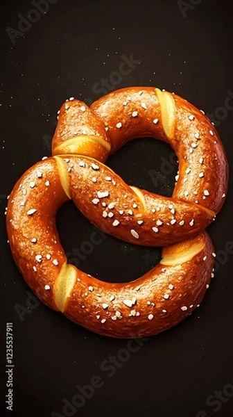 Fototapeta A freshly baked pretzel sprinkled with coarse salt, showcasing its twisted shape and golden color.