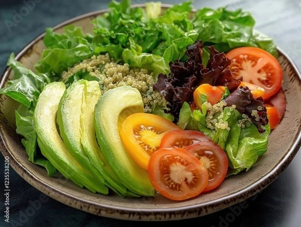 Fototapeta Healthy Quinoa Bowl with Avocado, Cherry Tomatoes, and Mixed Greens