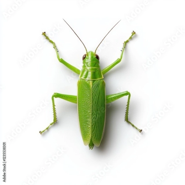 Fototapeta Close-up of a Bright Green Grasshopper Isolated on a White Background for Nature and Insect Enthusiasts