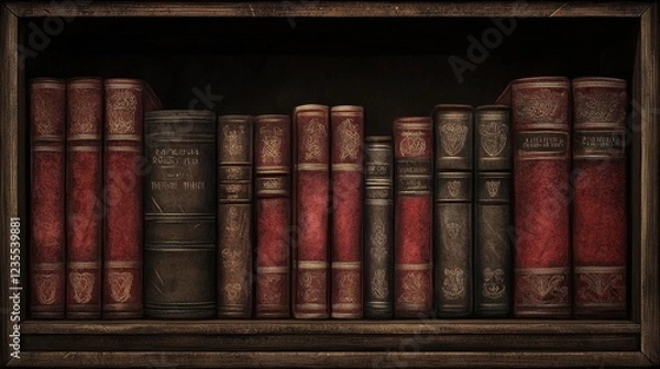 Fototapeta Antique Bookshelf Displaying Ornate Leather Bound Volumes