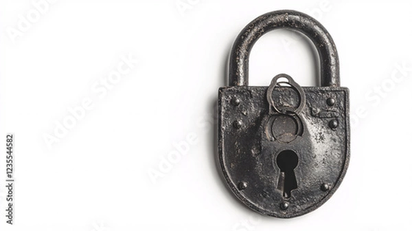 Fototapeta old black padlock isolated on a white background with a keyhole and a broken key