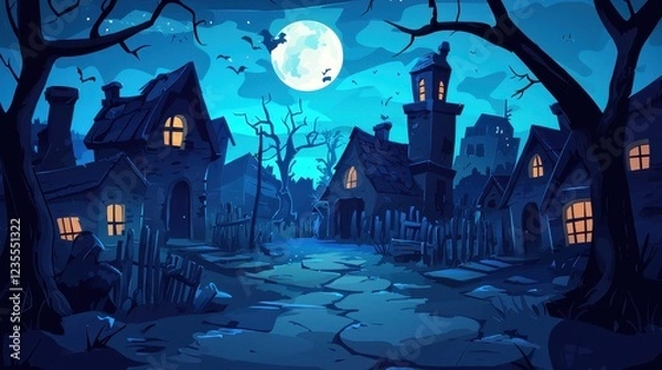 Obraz A Haunted Village Underneath A Full Moon At Night