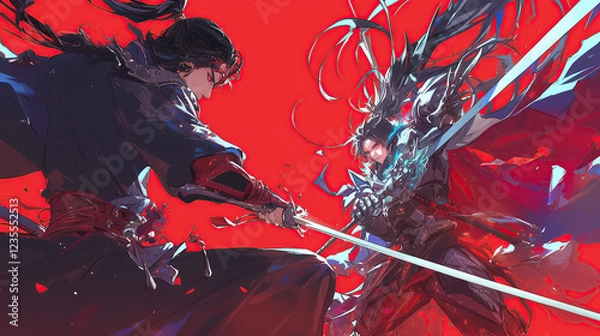 Obraz two anime character with dynamic pose fighting with katana in red background