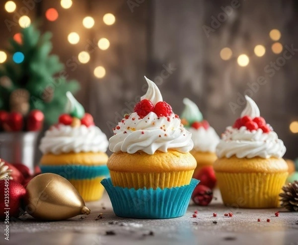 Fototapeta A stack of colorful layered cupcakes topped with fluffy whipped cream frosting and festive holiday decorations, colorful layered cupcakes, stacked desserts