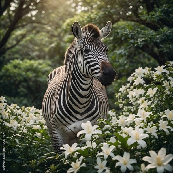 Fototapeta A zebra standing in a field of white gardenias with a forest in the background.