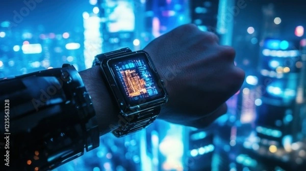 Fototapeta Futuristic smartwatch displayed on a robotic arm against a vibrant city skyline at night