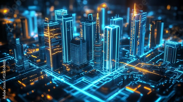 Fototapeta Cybernetic Skyline A Hyper-Realistic Glowing Digital Cityscape