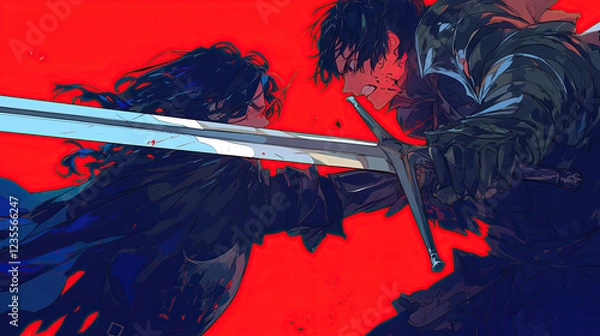 Obraz two anime character fighting with sword isolated red background