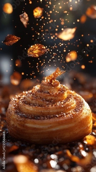 Fototapeta A beautifully arranged cinnamon roll surrounded by floating golden leaves and coffee beans