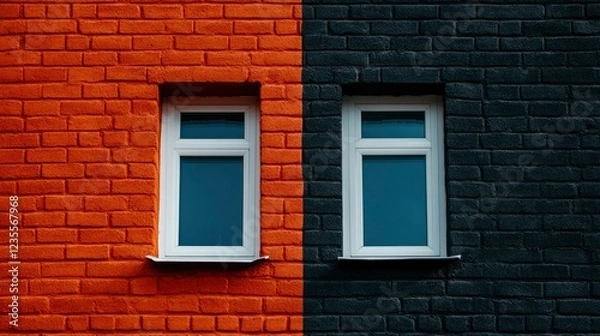 Fototapeta Two Windows, Contrasting Brick Walls - Red and Black Brickwork