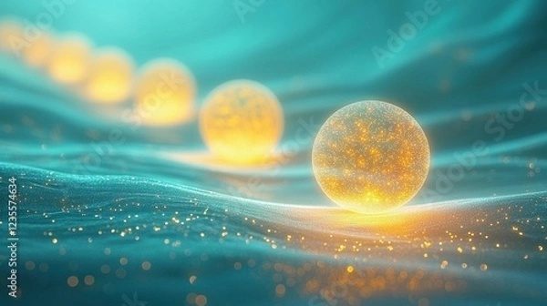 Obraz Glowing spheres on turquoise fabric, abstract science or technology background