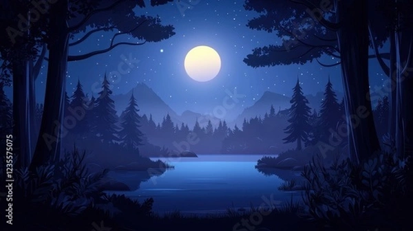 Fototapeta Serene moonlit night scene over a tranquil lake nestled within a dark forest.