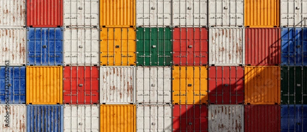 Fototapeta Stacked Shipping Containers with Weathered Textures – 3D Rendering Illustration