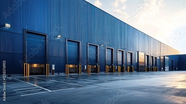 Obraz Blue warehouse exterior with loading docks at sunset
