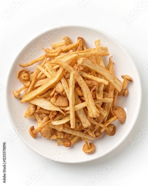 Fototapeta Enoki mushroom fried chip on white plate realistic hd on isolated white background for your bussines food needs
