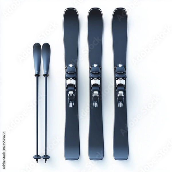 Fototapeta Overhead shot of three pairs of skis and poles arranged on a white background
