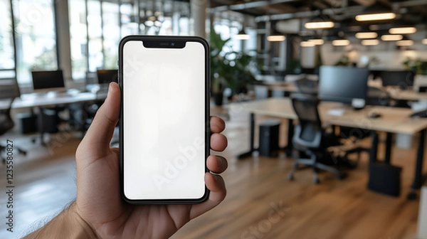 Fototapeta A hand holds a smartphone displaying a blank screen in a modern office environment, showcasing a minimalist and professional workspace.