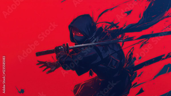 Obraz ninja in black fighting dynamic pose with katana isolated red background