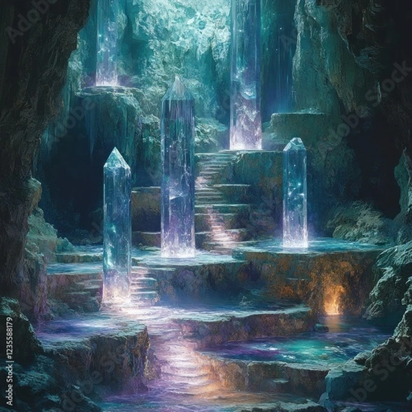 Fototapeta Crystal cave with glowing pillars and stairs.