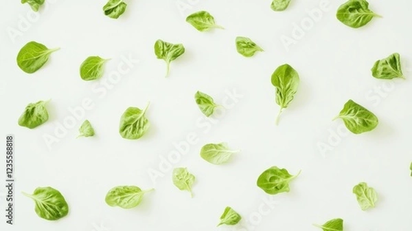 Fototapeta Fresh spinach leaves scattered on white background; food blog, recipe