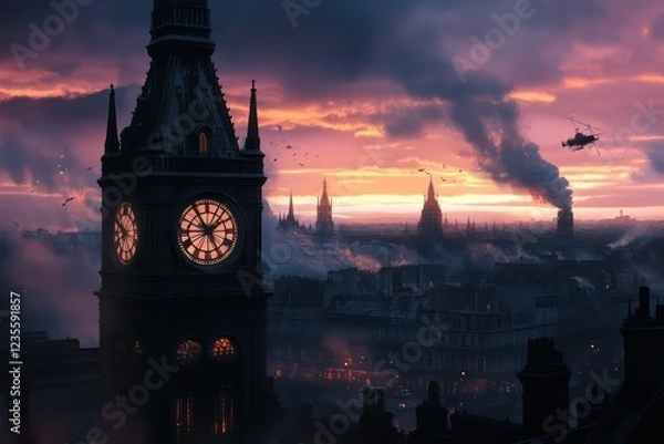 Fototapeta . A moody cityscape with a prominent clock tower and soft pink and orange tones in the sky.