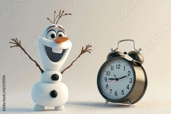 Fototapeta A 3D-rendered Olaf figurine pointing excitedly at a ringing alarm clock on a white surface.