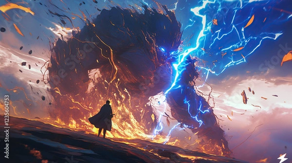 Obraz the sorcerer fighting with thunder and fire in the mountains, anime style
