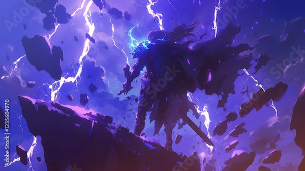 Obraz hero anime character with armor summons energy of lightning. anime style