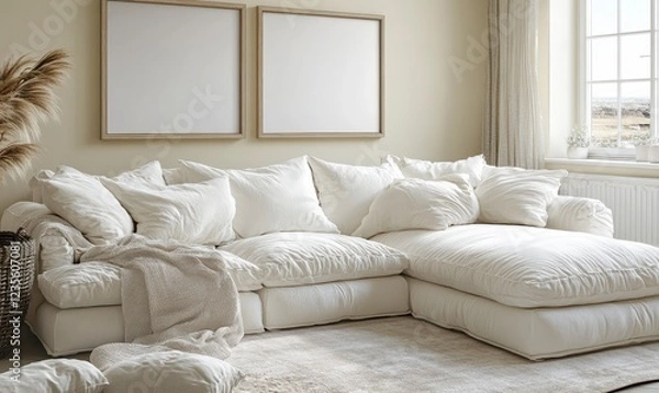 Fototapeta White sectional sofa with fluffy cushions and textured throw blanket in a bright living room with neutral walls and large windows. A minimalist