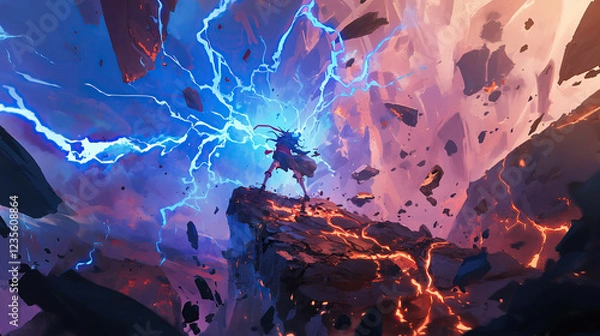 Obraz anime style hero character summons energy of lightning