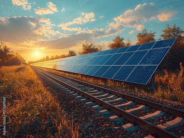 Fototapeta Sunlit Solar Panels Alongside Train Tracks at Sunset, Capturing the Harmony Between Nature and Renewable Energy Sources in a Serene Landscape