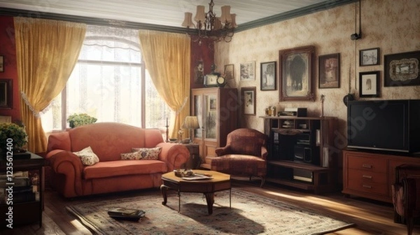 Fototapeta Cozy Vintage Living Room Interior Design with Antique Furniture and Warm Lighting