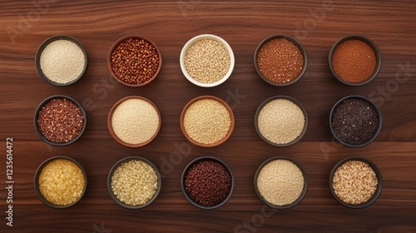 Fototapeta A selection of whole grains, including brown rice, bulgur, and quinoa, placed in bowls on a wooden table.