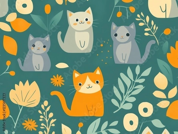 Obraz Cute cats autumn floral seamless pattern, textile design