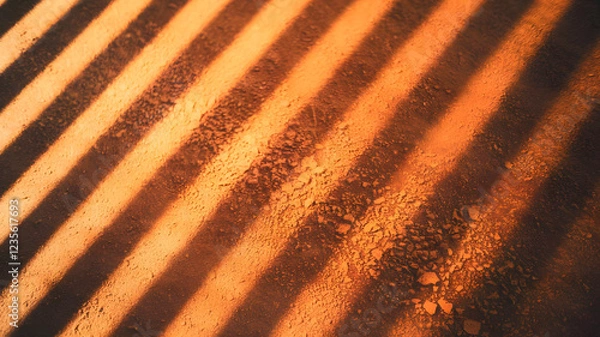 Fototapeta Sunbeams and Striations: An abstract design of parallel shadows cast upon a textured, earthy surface, illuminated by a warm, golden glow of sunlight.  