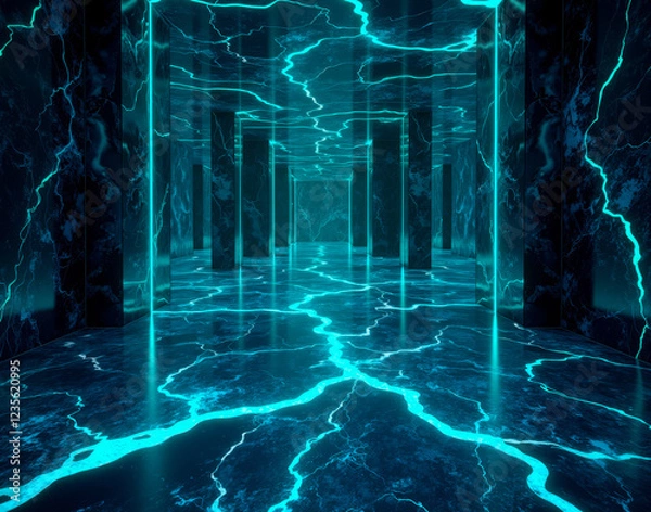 Fototapeta Infinite neon grid marble with glowing cyan veins on charcoal slate, designed for a futuristic Tron Legacy cybercity flooring.
