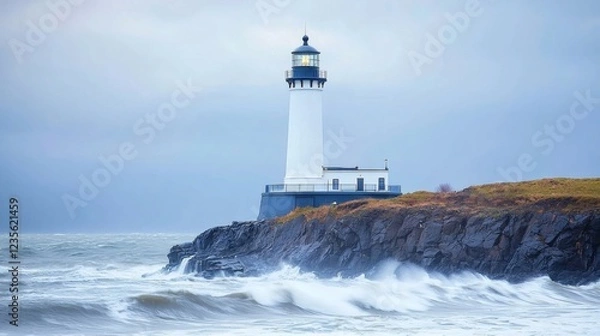Fototapeta Coastal Lighthouse: Dramatic Waves and Serene Sky