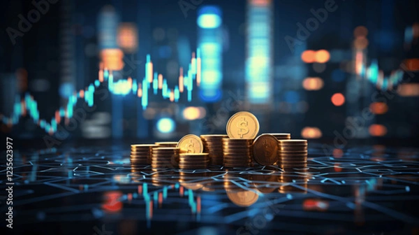 Fototapeta gold money coin with trading graph, financial investment concept can be use as background.
